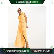 香港直邮潮奢asos女士设计褶裥毛边荧光色，橙色长款连衣裙