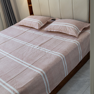 纯棉加厚高端粉色条纹床单全棉枕套被套床笠可组三四件套单双人