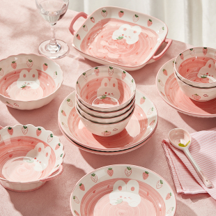 可爱陶瓷碗家用2024吃饭碗米饭碗草莓兔子碗盘子碗碟餐具套装