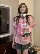 韩版宽松小众甜美粉色猫咪，短袖t恤女夏季中长款遮肚子显瘦上衣