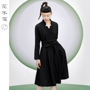 花木深复古黑色连衣裙女收腰修身长袖裙子中国风女装改良中式长裙
