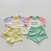 韩版ins婴幼儿夏季糖果拼色套装男女宝宝字母上衣短裤百搭两件套