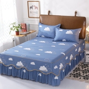 防滑床裙单件花边床罩棉保护套韩式1.8米1.5米床单床深宝蓝色城市
