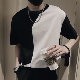 黑白拼接撞色圆领t恤男夏季短袖潮流时尚高级感百搭上衣半袖