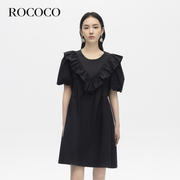 ROCOCO2024夏黑色优雅荷叶边公主裙甜美显瘦俏皮感A字连衣裙