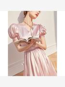 法式小香风气质绝美礼服长裙高端精致超好看粉色缎面连衣裙子夏季