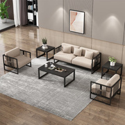 新中式4S店会客接待办公室沙发茶几仿实木碳素钢金属架沙发米色三