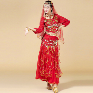 印度舞服装成人肚皮舞演出服，高档表演服新疆舞蹈服装女秋冬红色