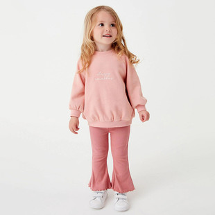 秋冬女童粉红色套头卫衣套装2023秋装儿童宝宝洋气上衣喇叭长裤子