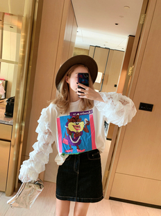 特韩国夏季东大门时尚可爱的层叠蕾丝雪纺纱袖卡通图案长袖T