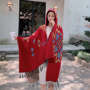 艾尤 西藏青海旅游斗篷围巾披肩两用加厚尼泊尔民族风披肩女冬季