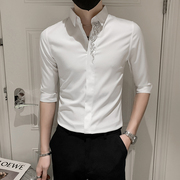 高级感刺绣白衬衫男夏季冰丝七分中袖潮牌发型师韩版衬衣2023