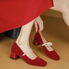 红色婚鞋新娘鞋，春季方头浅口珍珠玛丽珍宴会配裙粗跟中跟单鞋