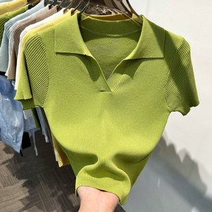 POLO领冰丝短袖T恤女修身短款绿色上衣洋气2024年夏季针织衫