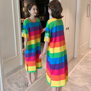 韩版短袖t恤女2024夏彩虹(夏彩虹，)条纹撞色宽松体恤中长款连衣裙上衣