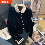 黑色丝绒娃娃领小香风外套女2023春秋高级感时尚名媛洋气衬衫