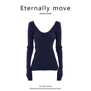 Eternally move早秋藏蓝色圆领长袖毛衣针织衫女设计感螺纹打底衫
