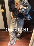 JHL JEANS 水洗猫须浅灰色廓形低腰破洞牛仔裤