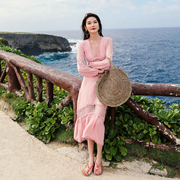 粉色蕾丝网纱宽松长袖鱼尾连衣裙三亚海边沙滩裙泰国度假长裙仙女