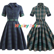 欧美复古50年代感大码气质赫本风原创女装英伦格子中长大摆连衣裙