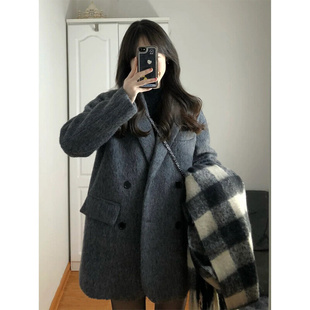 灰色毛呢大衣女，2023秋冬韩版高级感小个子，中长款羊毛西装外套