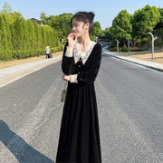 黑色金丝绒长袖连衣裙女2023秋装收腰显瘦温柔风气质复古长裙