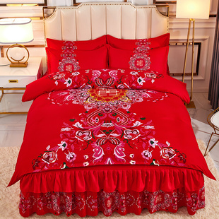 高档喜庆纯棉四件套床裙款结婚大红色全棉床罩式新婚礼房被套床上