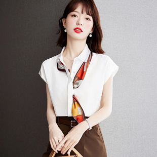 沐娜希白色雪纺衬衫女短袖夏季2024韩版设计感衬衣女翻领上衣