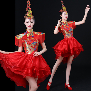 现代舞蹈服打鼓服装演出服中国风短裙民族舞扇子舞旗袍成人女