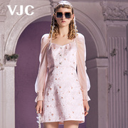 vjc威杰思春夏女装高腰，印花气质方领粉色泡泡袖连衣裙