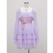 冬季浅紫色方领性感网纱套头宽松型喇叭袖蛋糕短裙67025