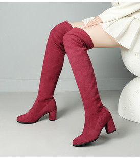春秋冬豹纹红色靴子粗跟高跟，过膝长靴长筒，女绒面高筒大码女靴amy