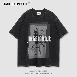 JMK EXDVATIE美式复古高街印花潮牌男装夏季水洗做旧短袖t恤男女