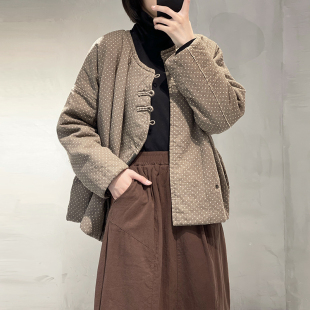 新中式女士棉衣圆领斜襟，盘扣小棉袄复古波点宽松长袖夹棉保暖外套
