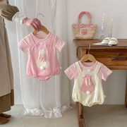 婴儿夏季女宝宝兔子造型假2件条纹哈衣新生儿甜美儿童爬爬服