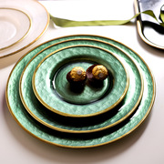 复古绿色西餐盘牛排，盘垫玻璃盘子水果盘点心平盘，餐厅设计金边盘子