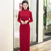 老上海旗袍女连衣裙中年妈妈装高档红色长款旗袍裙秋冬加绒日常穿