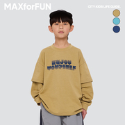 MAXforFUN童装24春夏儿童假两件长T字母印花纯棉圆领长袖上衣男童