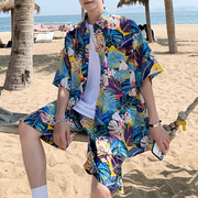 沙滩套装男速干夏季冰丝，短袖衬衫潮流大码花色，短裤情侣搭配两件套