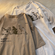 夏季日系小清新短袖T恤男女情侣潮牌复古卡通猫咪印花半袖体恤衫