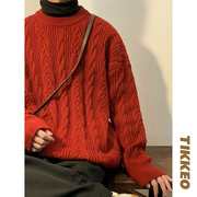 毛衣男冬季韩系慵懒风，加厚红色针织衫男高级感超好看软糯打底线衫