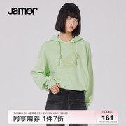 jamor春季绿色连帽卫，衣女刺绣蝴蝶图案时尚，通勤上衣加末