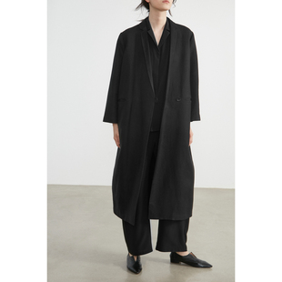 CLEANFLOW   黑色羊毛亚麻混纺薄长款秋季茧型中长西装外套简约