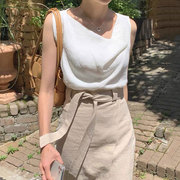 韩国chic夏季简约V领无袖衬衫上衣+绑带收腰不规则半身裙套装女