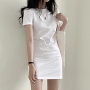 白色圆领t恤连衣裙女短袖2022夏新宽松身显瘦中长款百搭打底裙子