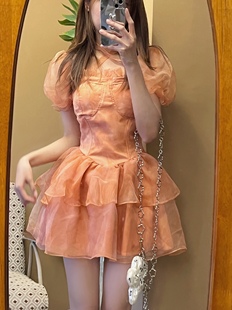 橘色欧根纱甜美公主连衣裙带胸垫，方领泡泡袖收腰显瘦蓬蓬裙蛋糕裙