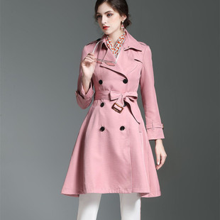 高级感粉色裙式中长款风衣2023春秋气质修身小个子大牌双排扣外套