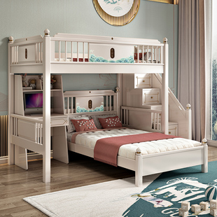 儿童上下床带书桌衣柜，交叉高低床1.2米新中式错位双层床子母床l型