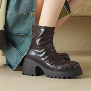 秋冬复古软羊皮短靴，女2023秋冬单靴粗跟高级感高跟小短靴