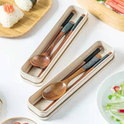 ins日式便携式盒木质勺子筷子，天然环保雕刻餐具，筷勺小麦盒三件套